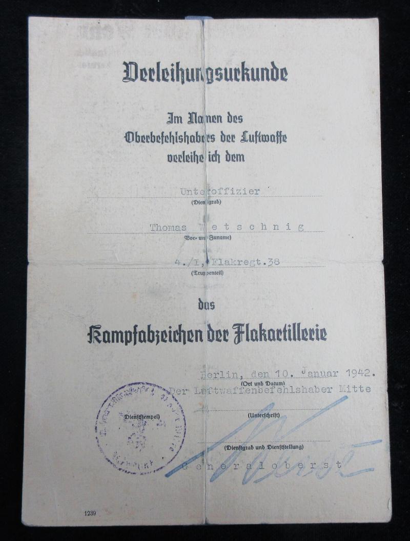 LUFTWAFFE FLAK BADGE CITATION